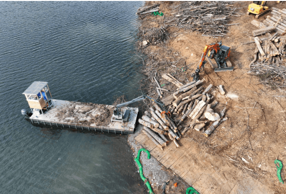 Aerial view of MTM barge supporting shoreline access work